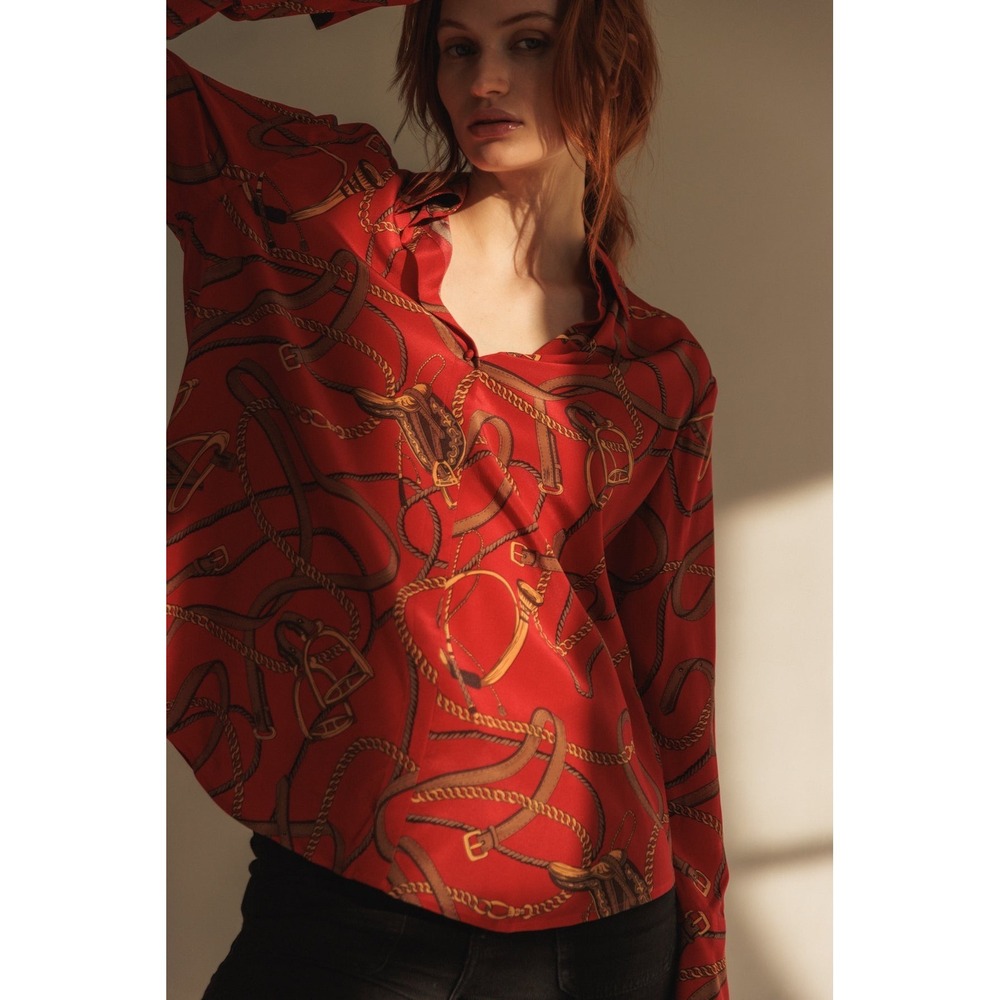 Catherine Gee Daria Palermo Silk Blouse M Red Equestrian Belt Chain Print Button